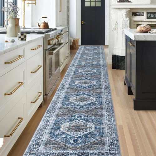KOZYFLY Läufer für Flure 2,6x20 Fuß (0,79x6,1 m) Extra Lang Waschbarer Dünner Küchen Läuferteppich Boho Läuferteppich für Eingangsbereich Innenbereich Blau Bedruckt Oriental Kunstwolle Treppen Boden