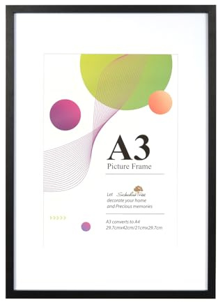 Scholar Tree A3 Frame - 1 Pack A3 Black Frame, Black Picture Frames 29.7 x 42 cm, Wooden Photo Frames with A4 Mount, A3 Picture Frames with Wall Hanging