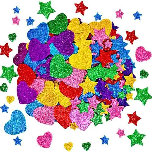 300 Stück Bunte Sterne Herz ,Moosgummi,Glitzer Basteln,Sticker,Aufkleber Kinder,Mädchen,Glitzernde Schaumstoff,Stickers for Kids,Schaumstoffaufkleber,Selbstklebende DIY filz für Party Dekoration