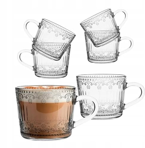 Altom Design Kaffeetassen Glastassen Teetasse aus Glas für Tee, Kaffee, Flat White, Cappucino mit Relief 450ml Karen NEU 6 Stück