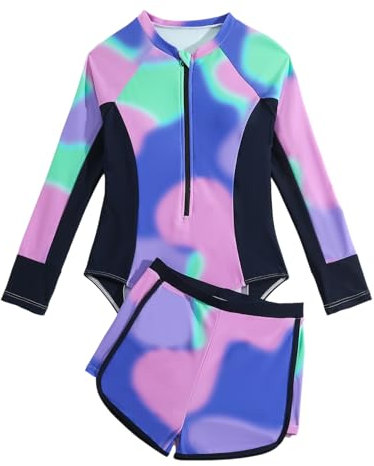 Girls Swimming Costume Padded Bras Long Sleeve Girl Swimsuit Zipper Two Pieces Teen Swimming Suit with Swim Short Summer Beach Kids Swimwear Rashgard,Purple 9-10 Years
