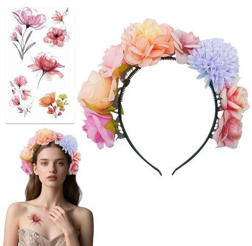 LDBKLGHJ Couronne de Fleurs Rose – 2 Bandes de Fleurs, Bandeau de mariée avec Roses, Couronne Florale Mexicaine pour Les fêtes et Mariages, décoration de Cheveux de Mariage, Accessoire élégant pour f