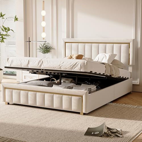 BRILVERDE Polsterbett 160x200 cm Doppelbett mit Goldfaser-Einfassung, Hydraulisch Stauraumbett, Jugendbett mit kopfteil und Lattenrost, Bettgestell für Erwachsene, Samt (Beige, 160 x 200 cm)