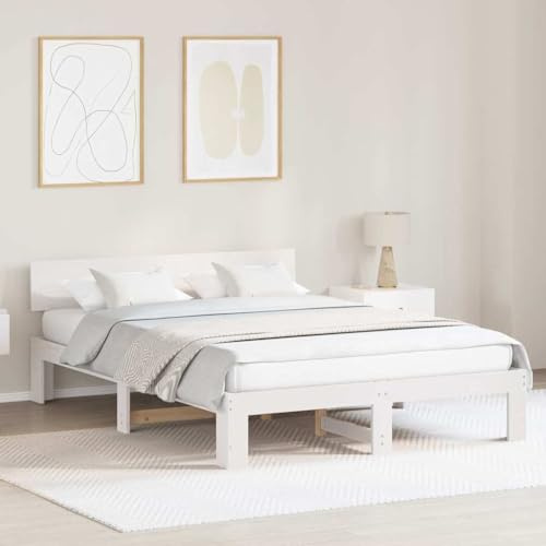 vidaXL Bettgestell mit Kopfteil Weiß 140 x 200 cm Massivholz Kiefer, Stylisches Bett für Schlafzimmer, rechteckig, modernes Gestell, schickes Design, langlebig, praktische Möbel