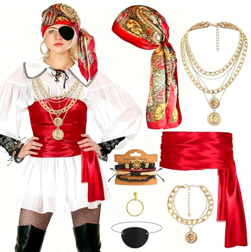 GOLDGE 7 Stück Piratenkostüm Damen Zubehör, Kostüm Pirat Damen Pirate Accessories mit Piratentuch Taillengürtel Halskette Armbänder Augenmaske Ohrringe für Karneval Halloween Cosplay
