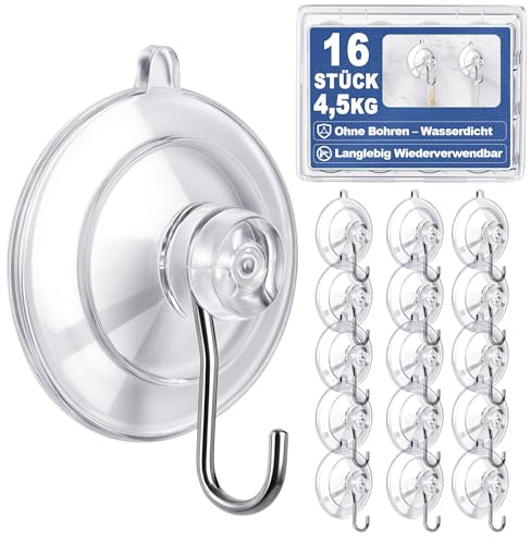 Bonison 16 Stück Saugnäpfe Haken – Bis 4,5kg/Ø4,5cm Bohrfreie Saugnapfhaken für Glatte Oberflächen, Rückstandslos Entfernbar, Rostfrei & Wasserdicht für Bad Küche Fliesen Glas Spiegel
