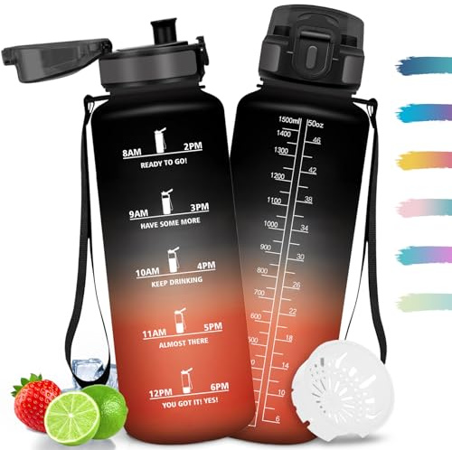 Mulbijeo Botella de Agua 1500ML, Lemas Motivacionales & Marcador de Tiempo, Cantimplora, Portátil, Botella Gimnasio, A Prueba de Fugas, Cantimplora para Gimnasio, Trabajo, Camping, Senderismode