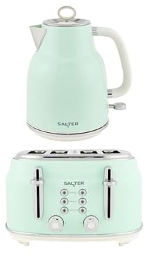 Salter Retro Kettle & 4-Slice Toaster Set - Wide Slots, 3KW Rapid Boil, 6 Browning Levels, 360° Base, Removable Limescale Filter, Defrost, Reheat & Cancel, High-Lift Eject, Removable Crumb Tray, Green