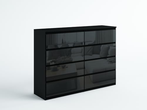 Masseno Kommode NUDO 138,5 cm Sideboard mit 8 Schubladen und Türen für Wohnzimmer Schlafzimmer Modern 138,5x39x101,5 cm Schwarz/Schwarz