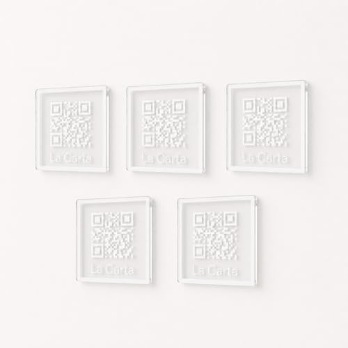 TIBRYN 5 Piezas Letrero QR – Varios Tamaños – Cartel Personalizable Grabado para Negocio Metacrilato Transparente – Placa Exterior e Interior – Texto Personalizado Tiendas, Oficinas y Restaurantes