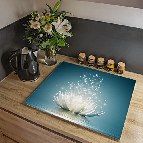 banjado® Herdabdeckplatte Glas 1-teilig 60x52 cm/Schneidebrett Herdabdeckung mit Motiv Magische Lotusblüte/Herdabdeckplatten Ceranfeld 1teilig / Schneidebrett Glas individuell einsetzbar