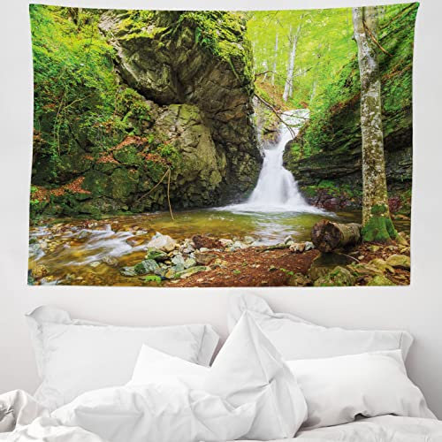 ABAKUHAUS Landschaft Wandteppich, Frühling Wasserfall Natur aus Weiches Mikrofaser Stoff Waschbar ohne Verblassen Digitaldruck, 150 x 110 cm, Grün Weiß