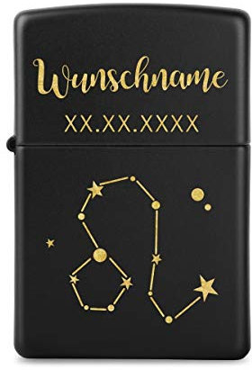 Zippo Sturmfeuerzeug Messing Mattschwarz Geschenk individuelle Gravur Sternzeichen - Löwe