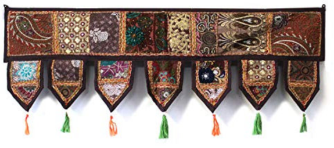 Indian Craft Castle Baumwolle Vintage Patchwork Türbehang Volant Fenster handbestickt Toran Bohemian Decor Wohnzimmer Wand Zuhause handgefertigt Thoranam Bandanwar Dekorationen (braun, 1 Meter)