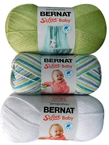 Bernat Softee Baby Yarn Mix Bundle Includes 3 Patterns DK Light Worsted #3 ( Soft Fern, Prince Pebble, White)