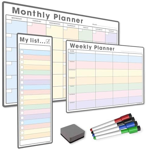 TMS #1 Magnetic Whiteboard Planner Pack/Custom Dry Erase Set | Weekly Planner, My List, Monthly Calendar | 4 Dry Wipe Marker Pens, Eraser (Pastel, Bundle 1)
