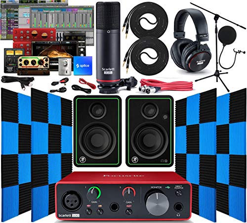 Focusrite Scarlett Solo Interfaz de audio USB 2x2 con kit de software de música creativa con monitores de estudio Mackie CR3-X, paquete de 24 paneles acústicos de espuma de estudio insonorizados