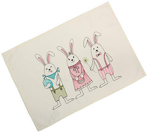 Quinnyshop 35 x 50 cm Tischläufer Tischdeckchen DREI OsterHasen Stickerei, Leinen-Optik Ecru