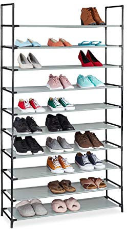 Relaxdays XXL Schuhregal Stecksystem, 10 Ebenen, für 50 Paar Schuhe, Stoff Schuhständer HBT 176,5x99x29,5 cm, grau
