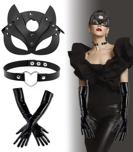 Aurasky Catwoman Maske 3pcs, Choker Gothic Handschuhe, Halloween Maske, Catwoman Kostüm Damen, Schwarze PU Leder Katzenmaske für Halloween Karneval Maskerade Fasching Party Nachtclub