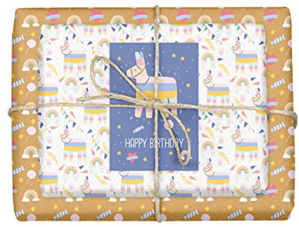 dabelino® Kinder Geschenkpapier Set: Lama-Pinata/Süßigkeiten (für Mädchen, Geburtstag, Happy Birthday, lila)
