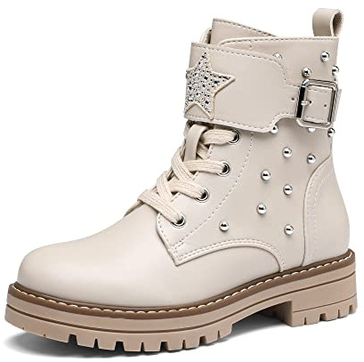 DREAM PAIRS Kids Ragazze Moda Stivali Bambine Caldo Inverno Stivaletti Stringati per Bambina,Size 35,Beige/Pu,SDBO2231K-E