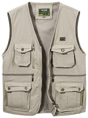 Oralidera Chaleco de Pesca Hombre Multibolsillos Chaleco Deportivos de Caza Fotografia Algodón Chaleco Tipo Safari Chaqueta Sin Mangas Al Aire Libre, Beis, 3XL