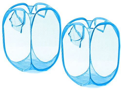 JJ PRIME - 2 Packs Foldable Laundry Basket with Handle | Foldable Washing Basket | Collapsible Laundry Basket | Mesh Hamper Basket for Clothes/Toy Tidy Storage Organizer (Light Blue Basket)