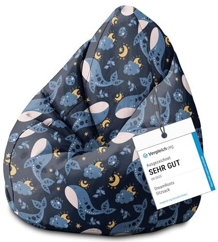 DreamRoots Sitzsack Kinder 70x70x105, Whales | Bean Bag Kinder mit Lehne, Hocker & Bezug, Sitzkissen Boden, Bubibag, mit Füllung, Kinderzimmer