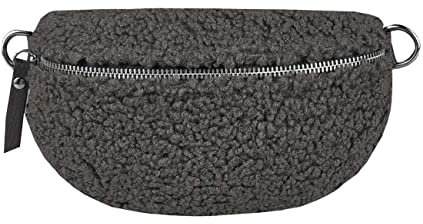 Made in Italy Damen Leder Gürteltasche Crossbody Teddyfell Bauchtasche Hüfttasche Kunstfell Umhängetasche Brusttasche Crossover Bodybag Schultertasche Handytasche Teddy Pelz Fell Plüsch Dunkelgrau