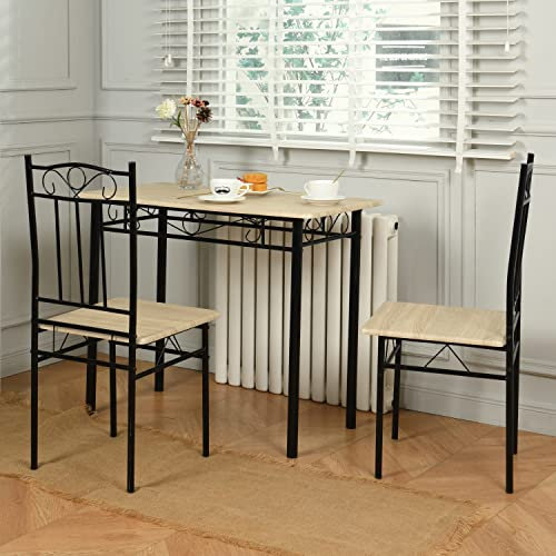 DORAFAIR Esszimmer-Set mit Esstisch und 2 Stühlen aus Buchenholzmaserung, Schwarze Metallbeine, für Esszimmer, Küche, Wohnzimmer
