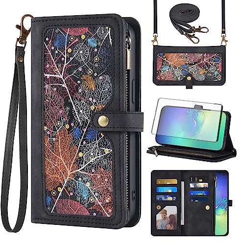 Asuwish Handyhülle für Samsung Galaxy S10 Plus Hülle mit Band Folie Kartenfach Klappbar Leder Geldbörse Ständer S10+ 10S + S 10plus 10 10+ S10plus Handy Hüllen Schutzhülle Wallet Phone Case Schwarz