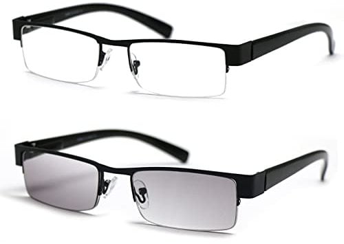 TWINKLE TWINKLE 2 Pack Men' Semi-Rimless Reading Glasses Light Tinted Lens &Clear Lens Reading Sunglasses/Spring Hinge R401 (Black & BlackTintedGrey, +1.75 Magnification)