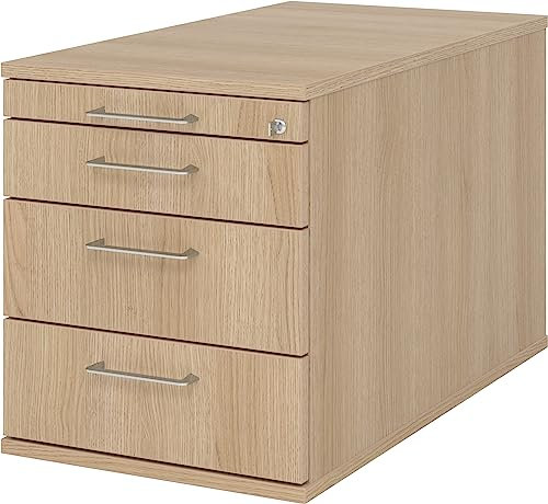 bümö Rollcontainer mit Schubladen, Container abschließbar aus Holz in Eiche - Rollwagen für's Büro als Schreibtisch Unterschrank, Bürocontainer od. Schreibtischcontainer mit Bügelgriffe
