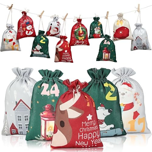 Adventskalender zum Befüllen, 2024 Weihnachten Advents Säckchen, Kinder DIY Adventskalender tüten, Weihnachten Geschenksäckchen 24er Set mit 1-24 Adventszahlen,DIY Stoffbeutel Weihnachtskalender Tüten
