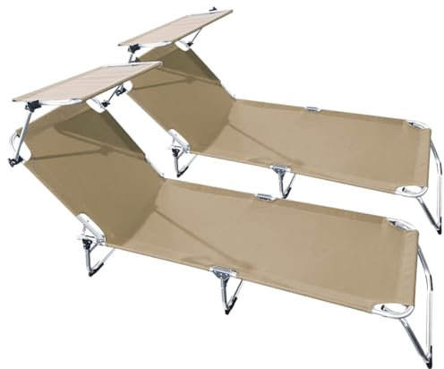 PYRAMIDEA buybuy Lettini Mare Stabilimento Pieghevoli Professionali In Alluminio 3 Posizioni Con Tetto Parasole E Rivestimento In Textilene Beige Spiaggia Piscina E Giardino Set Da 2