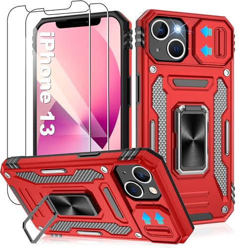 Jshru for iPhone 13 Case with Screen Protector [2 Pack] and Slide Camera Cover,Military Grade Shockproof iPhone 13 Phone Case,Ring Kickstand Phone Cover for iPhone 13,Red