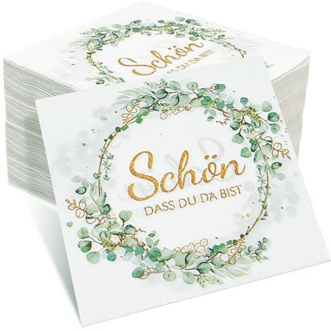 koitoy 50 Pcs Servietten Hochzeit Geburtstag Eukalyptus,3-Lagige Servietten Schön Dass Du Da Bist, Eukalyptus Grün Papierservietten Tischdeko für Taufe Konfirmation Konfirmation Garten Birthday Party
