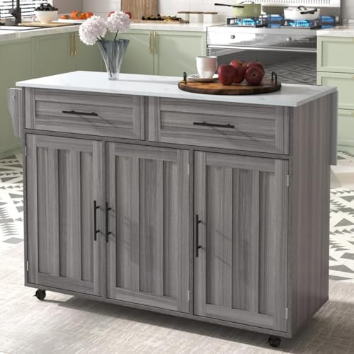 KOMHTOM Isla de cocina independiente gris con encimera, carrito de cocina con ruedas con tres puertas de armario de montaña y dos cajones (recto)