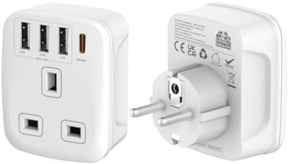 Double Dragon 20W Fast Charging 5-in-1 UK to EU Travel Adapter | 3 USB-A & 1 USB-C Ports | Converts UK 3 PIN Plug to European 2 PIN Plug in Spain, France, Portugal, Germany, Greece, Italy, Sweden, etc