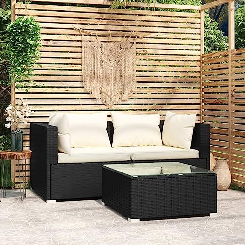Youuihom Terrassen-Salon-Set Lounge Möbel Outdoor Patio Talk Set3-tlg. Garten-Lounge-Set mit Auflagen Schwarz Poly Rattan Geeignet für Rasen, Swimmingpool, Balkon, Veranda