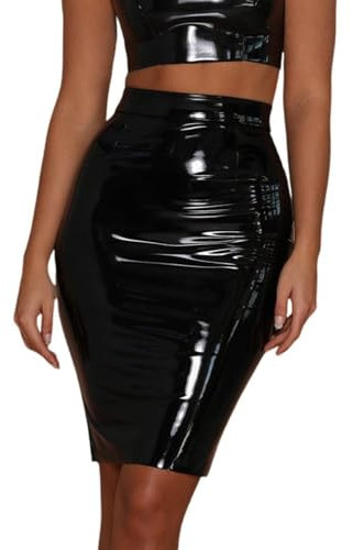 HGKPFGTG Sexy Glänzender Figurbetonter PU-Rock für Damen mit Reißverschluss Hinten und Hüftwickel Bleistiftrock aus Latex im Wetlook Clubwear für Damen,Schwarz,M