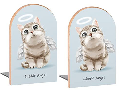 Buchstützen mit niedlichem Engel und Katze, dekorative Holz-Buchstützen für Regale, Schreibtisch, Heimbüro, Buchstopper für Zeitschriften, Bücher, DVDs, 2 Stück