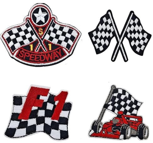 CYWQ Aufbügel Patches, Aufnäher zum Aufbügeln, karierte Rennflagge, schwarz und weiß, F1-Rennflagge, bestickte Aufbügelbilder für Taschen, Hut, Jeans, Jacke, Biker, Motorrad, zum Aufnähen, 4 Stück