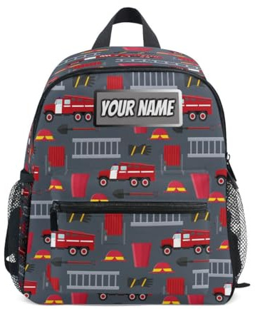 Ksajwzf Sac personnalisé à dos pour enfants, pompier rouge gris, pour filles et garçons, nom personnalisé pour voiture, camion, sacs à livres préscolaires, multicolore