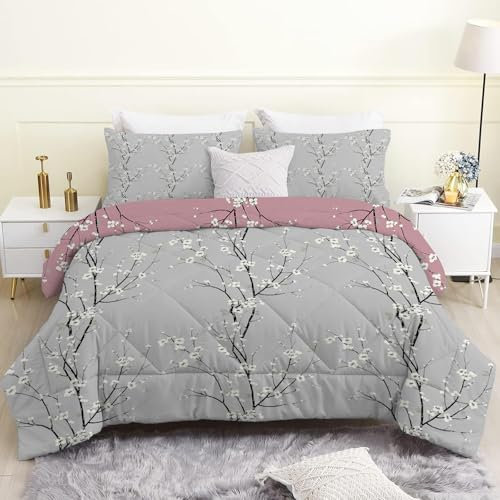 Linfye Bettdecke 240x220 cm, Graue Pflaumenblüte Bettdecke 220x240 4 Jahreszeiten, Zweigpflanzen Steppdecke Waschbar Bettdecken, Vierjahreszeiten Schlafdecke Ganzjahresdecke mit 2 Kissenbezug 80x80cm
