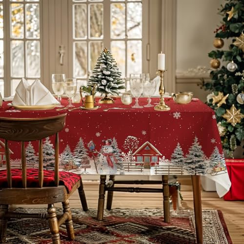 AIBIIN Weihnachtstischdecke, Winter, Schneemann, Schneeflocken, Haus, Weihnachtsbäume, waschbar, Tischdecke für Esszimmer, Picknick, Party, Tischdekoration, Zubehör, 142 x 259 cm, Rot