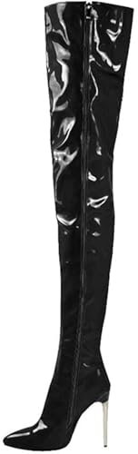 Stivali alti fino alla coscia da donna, taglie forti, stivali sopra il ginocchio in PU artificiale, scarpe da ballo da donna, stivali alti fino al ginocchio da donna con cerniera laterale,Nero,41