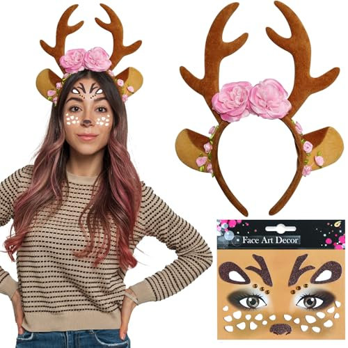 Reh Haarreif Damen Kinder Karneval Geweih Haarreif Tattoo Rentier Haarreif Reh Geweih Haarreif Damen Mädchen Hirschgeweih Bambi Haarreif Damen Reh Ohren Hörner Kopfschmuck Reh Kostüm Damen Haarreif