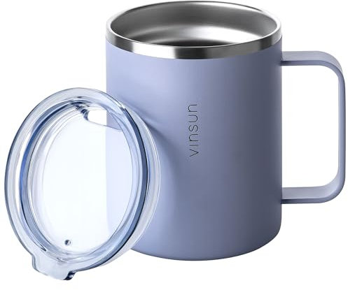 VINSUN Gobelet Isotherme avec Poignée 350ml - Tasse à Café à Emporter, Acier Inoxydable, Couvercle Transparent, Incassable - Mug Isotherme pour Bureau, Camping, Voyage